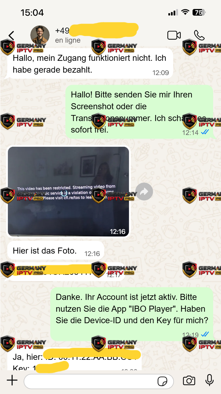 WhatsApp Support Gespräch – Zugang und IBO Player Aktivierung
