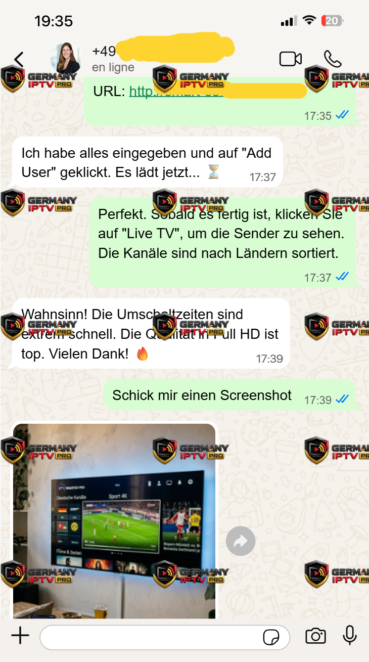 WhatsApp Support Gespräch – Sender und Full HD funktionieren